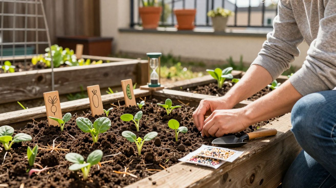 Pessoa a plantar sementes em canteiro elevado com diferentes plantas e etiquetas de madeira.