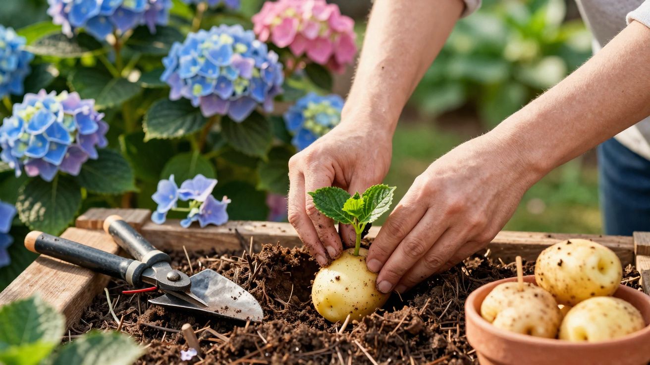 Mãos a plantar uma batata com rebento numa caixa de cultivo, com flores e ferramentas de jardim ao lado.