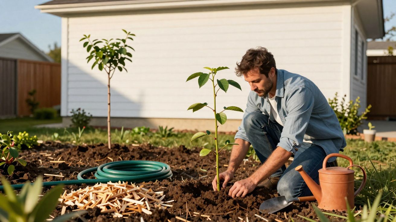 Homem a plantar uma árvore jovem num jardim ao pé de uma casa branca numa tarde soalheira.