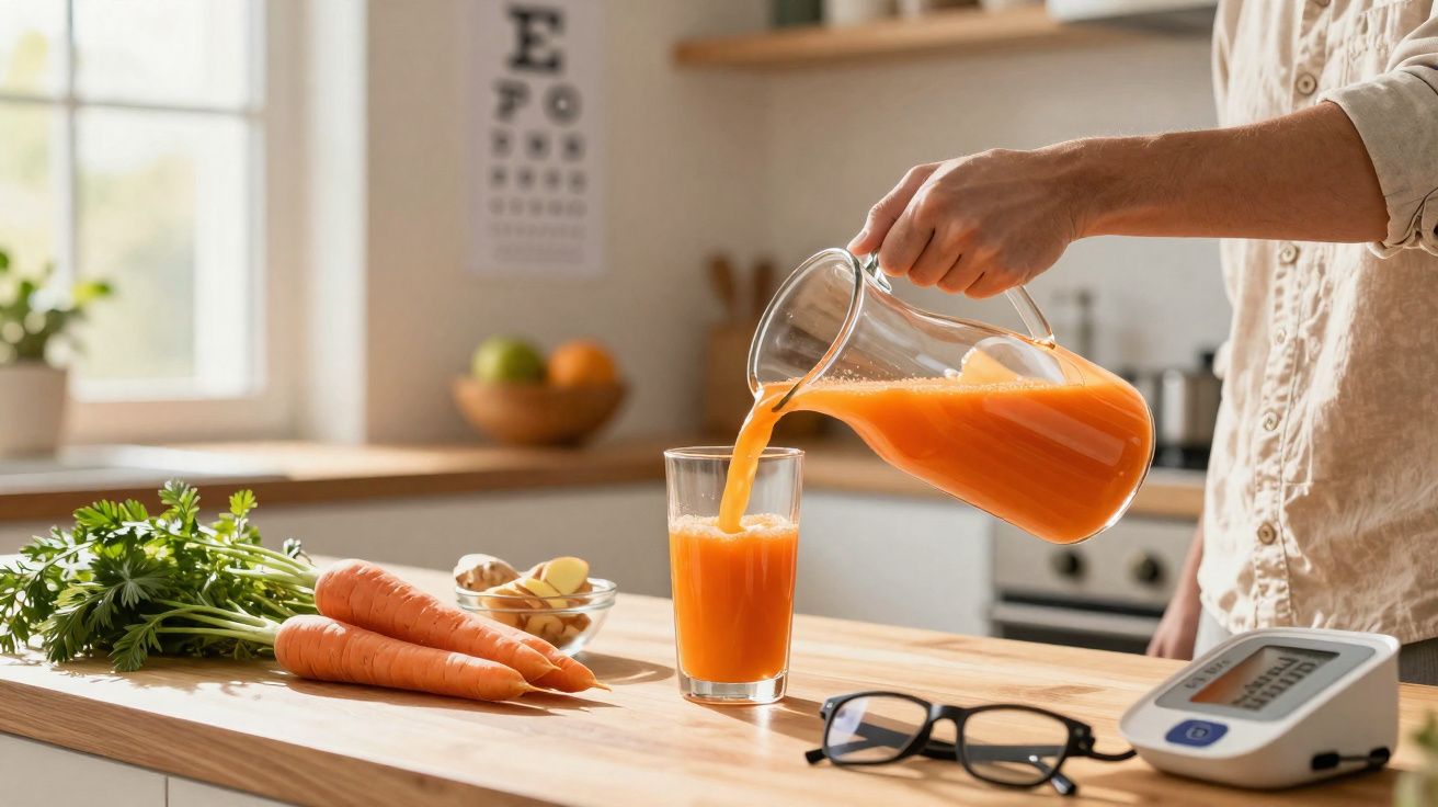 Pessoa a servir sumo de cenoura num copo na cozinha, com cenouras frescas e um tensiómetro sobre a bancada.