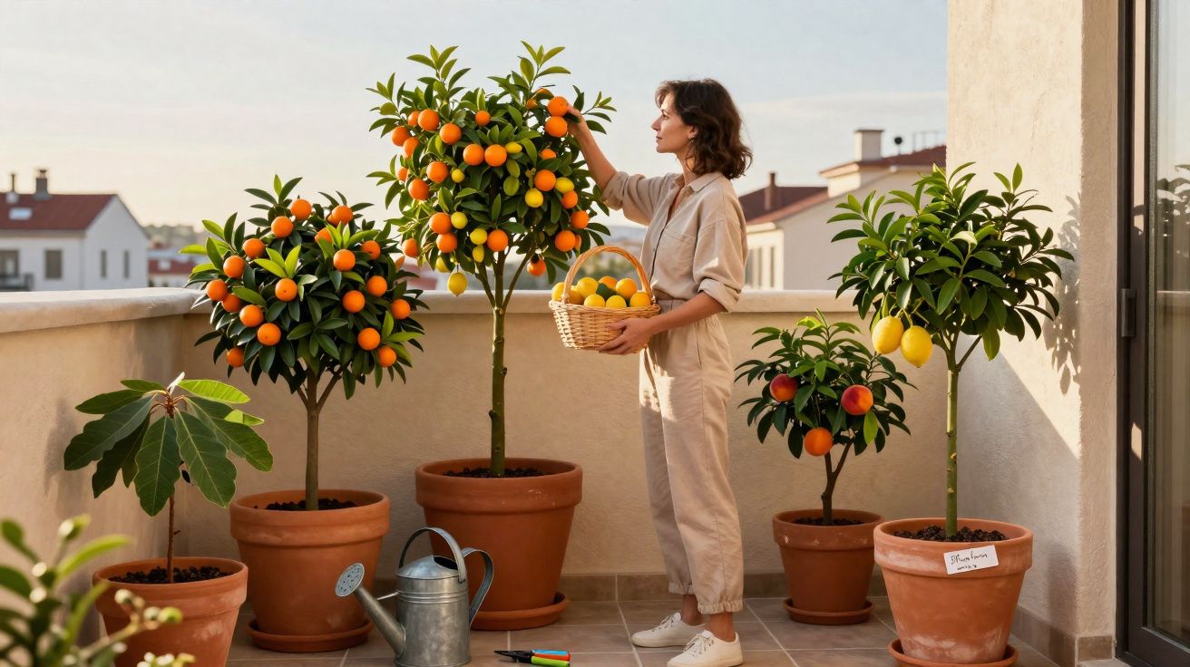 Mulher colhe frutas cítricas em vasos num terraço iluminado pelo sol ao final da tarde.