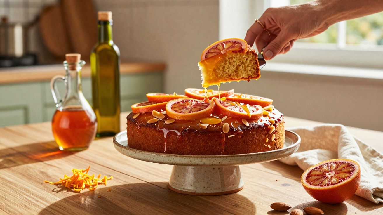 Bolo decorado com rodelas de laranja sanguínea e amêndoas, servido numa cozinha luminosa.