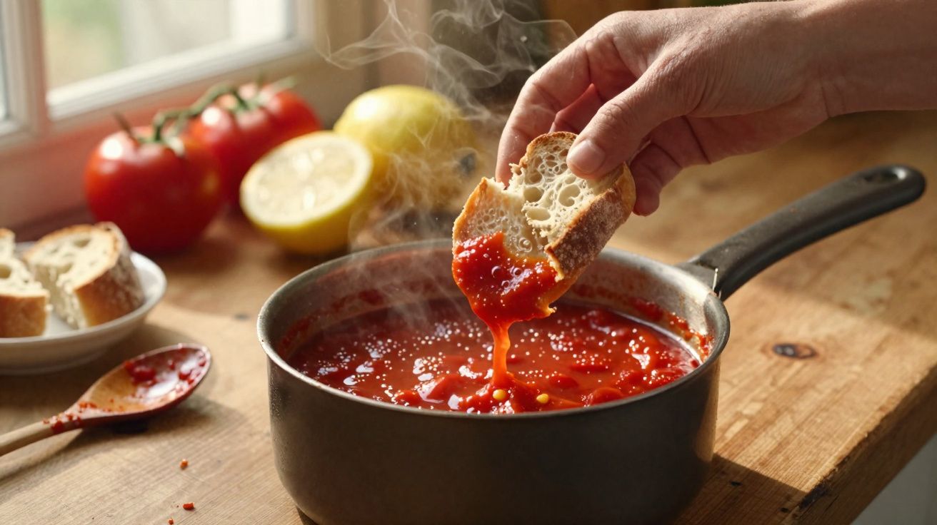 Mão a mergulhar pão em panela com molho de tomate quente fumegante numa cozinha iluminada por luz natural.