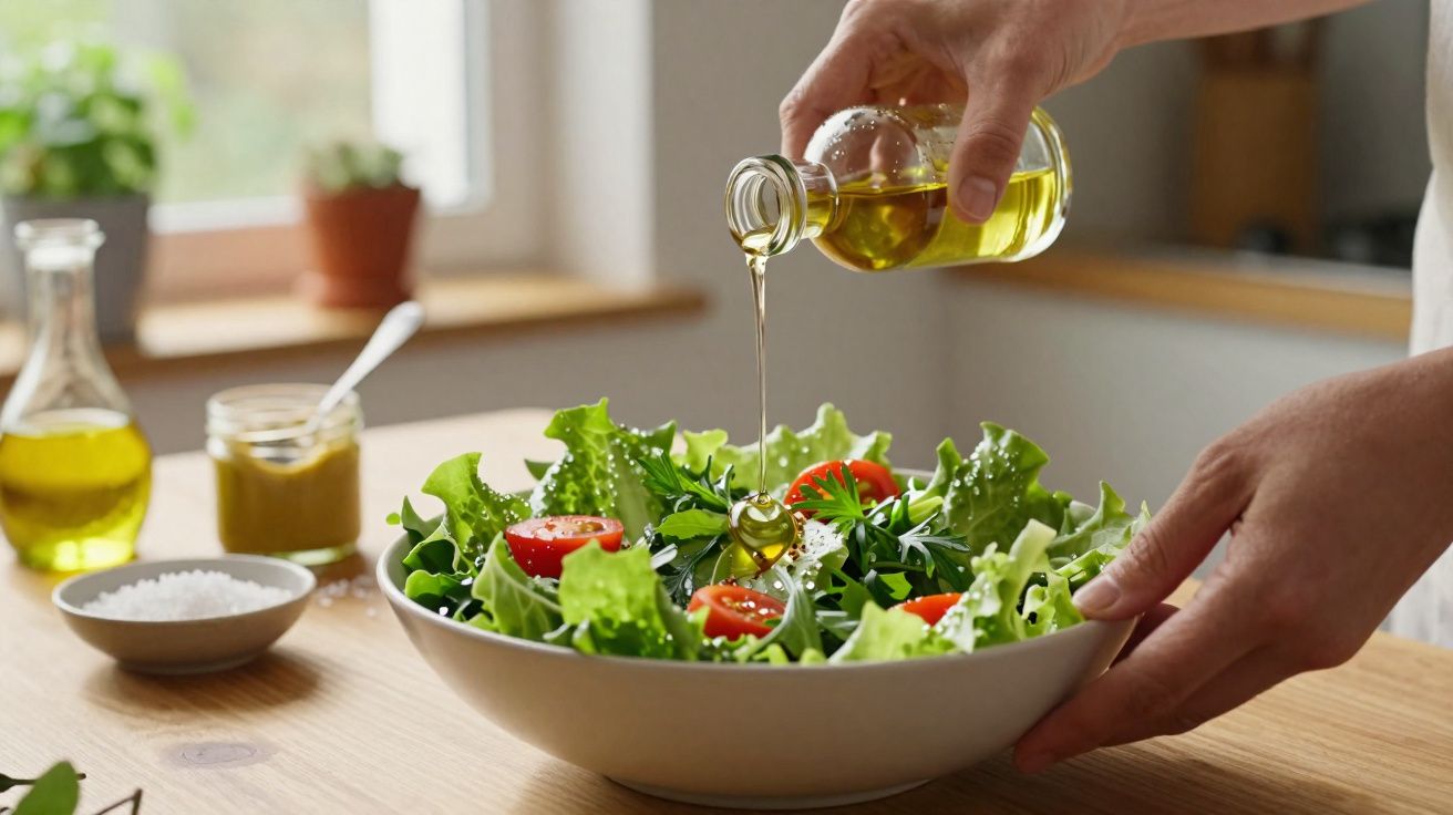 Mãos a deitar azeite numa salada com alface, tomate cherry e molho num ambiente de cozinha iluminada.