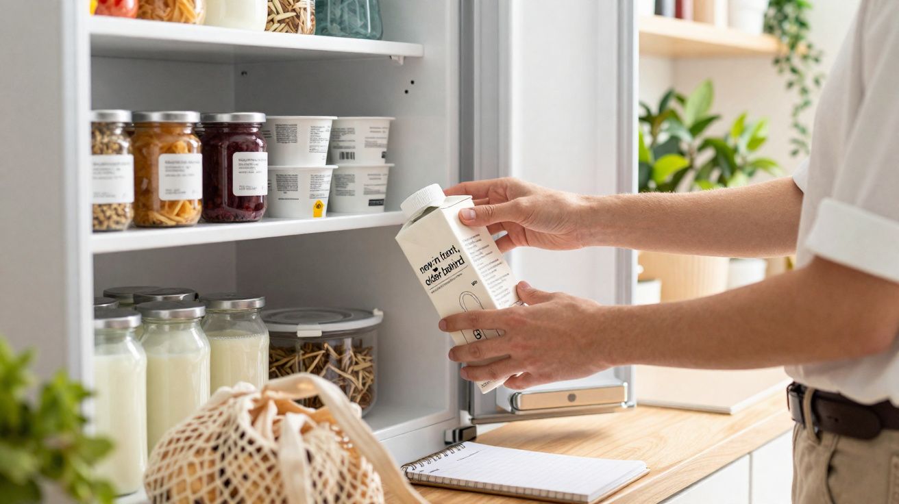 Pessoa a colocar embalagem de bebida vegetal na despensa organizada com frascos e iogurtes.