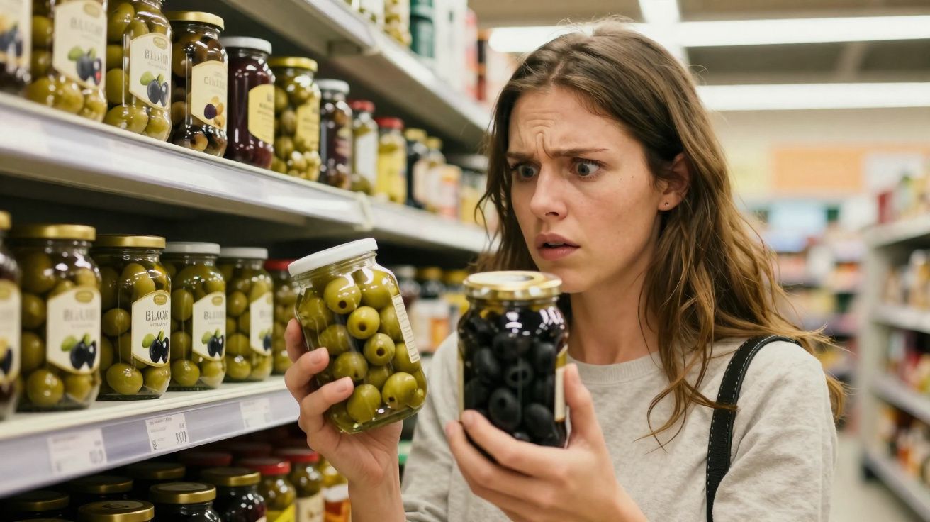 Mulher em supermercado a comparar dois frascos de azeitonas com expressão confusa.