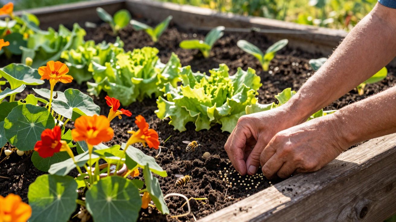 Mãos a plantar sementes numa horta com alfaces e flores amarelas e vermelhas, com abelhas a voar.