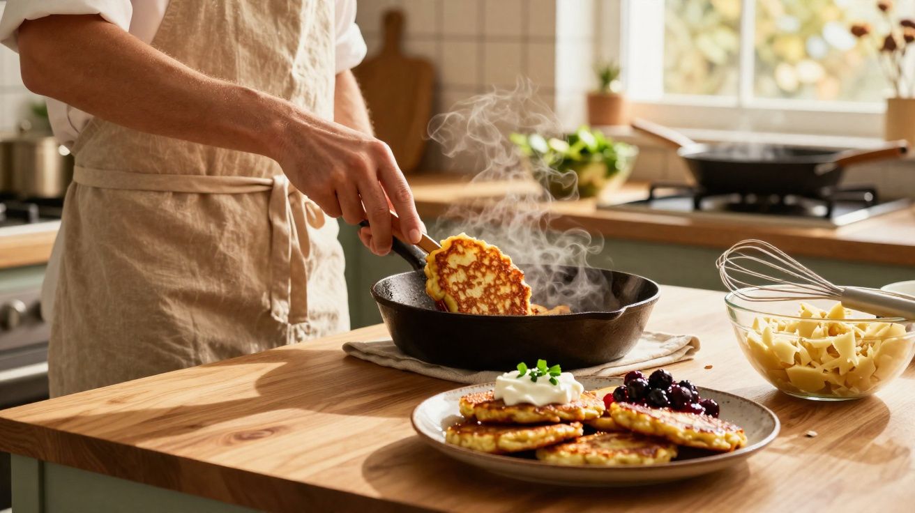 Pessoa a cozinhar panquecas numa frigideira numa cozinha iluminada e bancada de madeira com prato de panquecas servido.