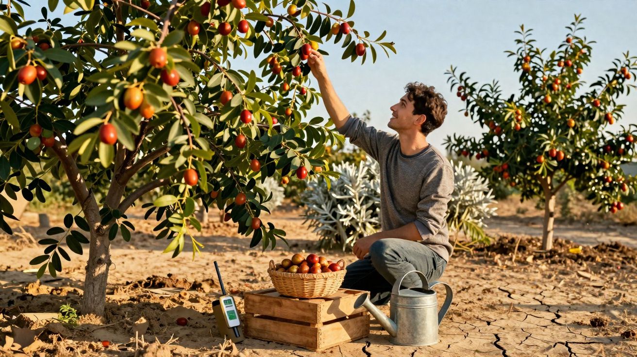 Homem agachado a colher frutos vermelhos de uma árvore num terreno seco de pomar.