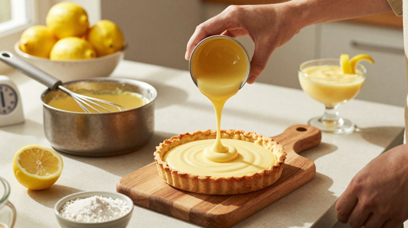 Pessoa a verter recheio amarelo cremoso numa tarte de limão numa bancada de cozinha com ingredientes à volta.