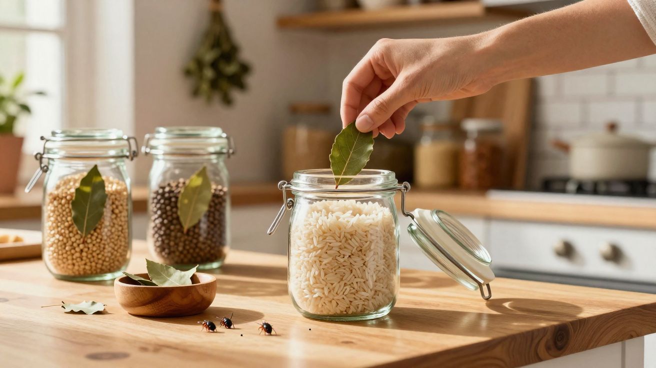 Mão a colocar folha de louro em frasco de vidro com arroz, ao lado de frascos com leguminosas e folhas na cozinha.