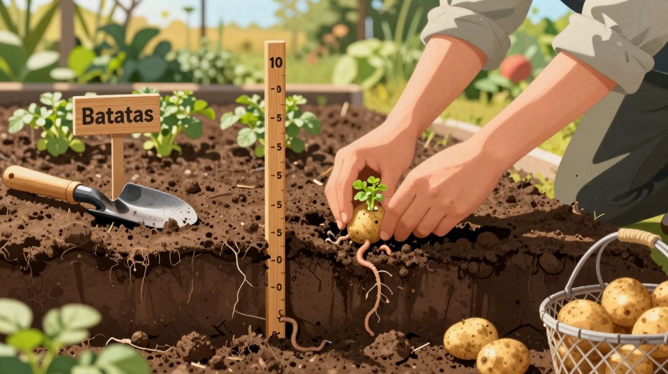 Pessoa a plantar batata na terra, ao lado de um regador e cesto com batatas colhidas.