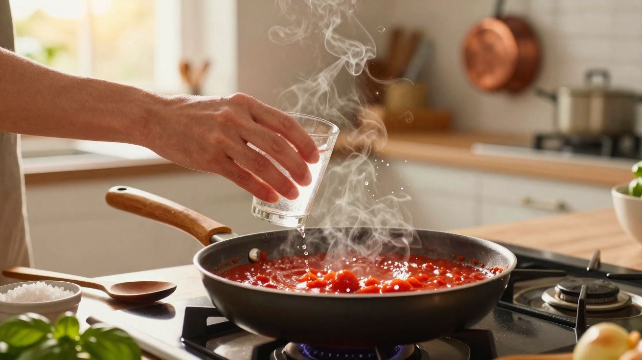 Mão a adicionar líquido a uma frigideira com molho de tomate a ferver num fogão a gás numa cozinha iluminada.
