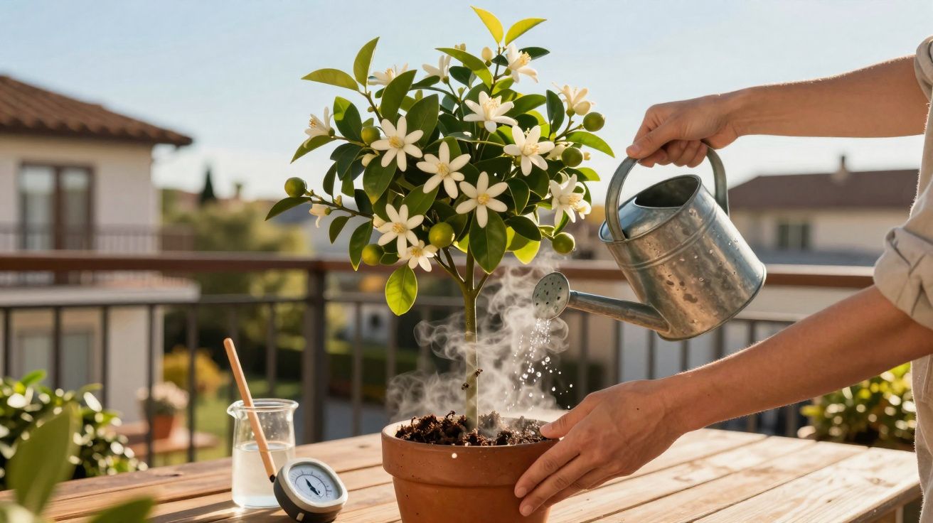 Pessoa a regar uma planta florida num vaso de barro numa varanda ensolarada.