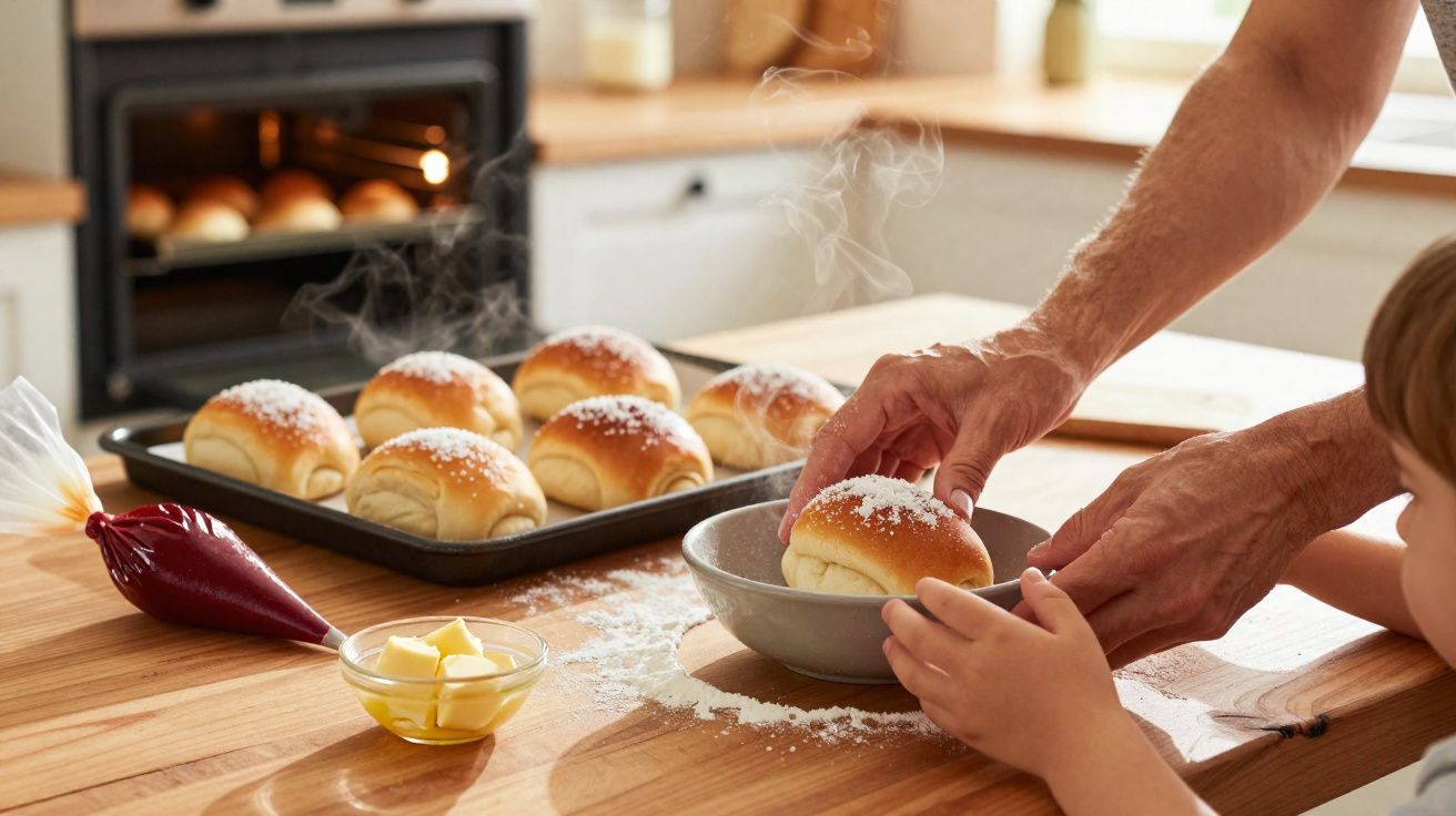 Pessoas a colocar pão quente num prato, com pão acabado de sair do forno e manteiga na bancada da cozinha.