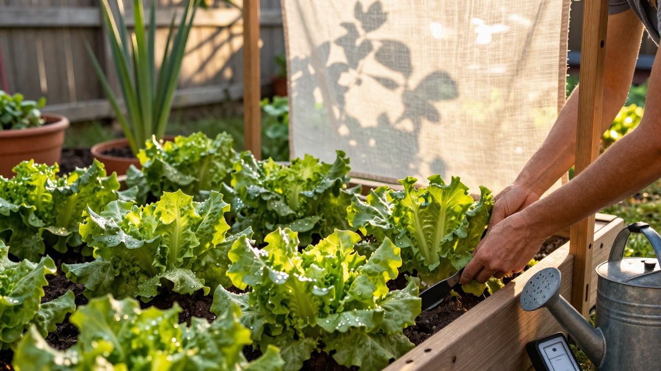 Pessoa a colher alface num canteiro elevado num jardim ensolarado com regador ao lado.