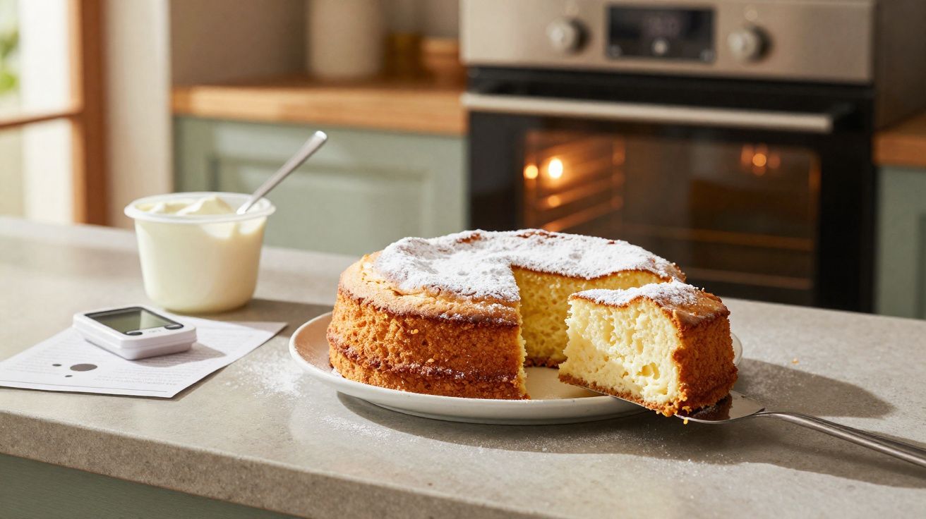 Bolo caseiro polvilhado com açúcar em prato branco numa bancada de cozinha moderna com forno a funcionar ao fundo.