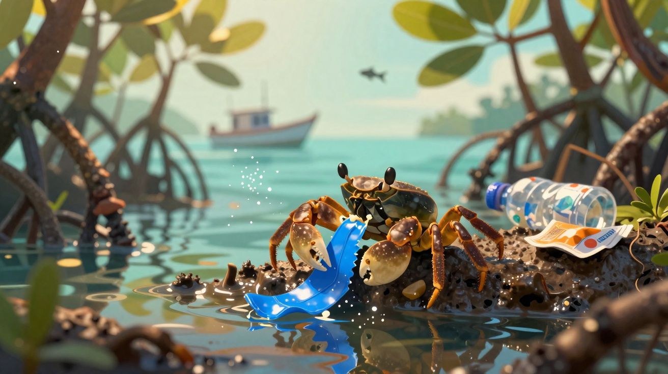 Caranguejo em zona alagada de manguezal com lixo plástico ao redor e barco ao fundo.