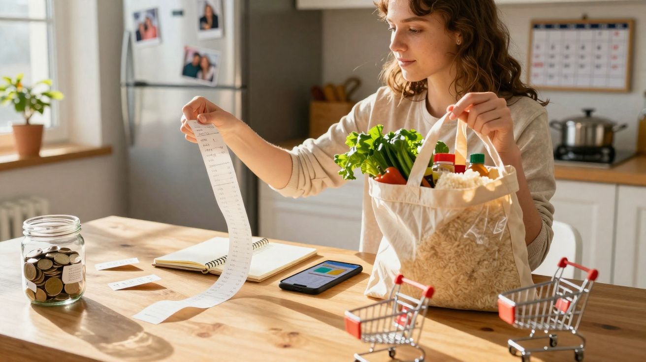 Mulher com saco de compras a verificar fatura numa cozinha luminosa com moedas numa jarra na mesa.