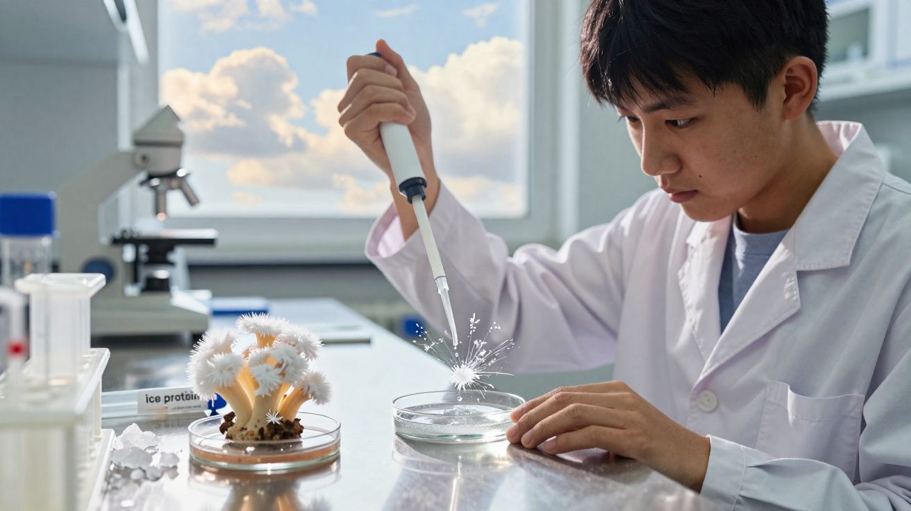 Jovem cientista em laboratório a usar pipeta em placa de Petri com cogumelos artificiais brancos.