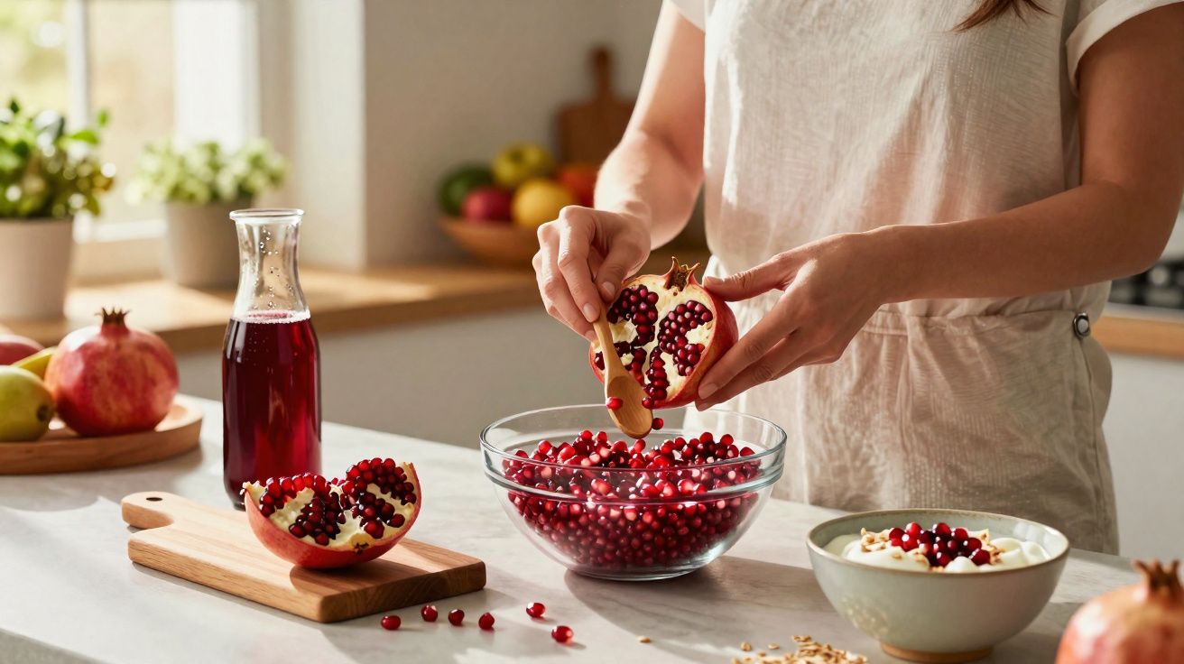Pessoa a retirar sementes de romã para colocar em taça transparente numa cozinha iluminada.