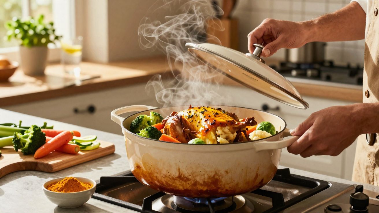 Mãos a levantar tampa de panela com frango assado e legumes a vapor na cozinha iluminada.