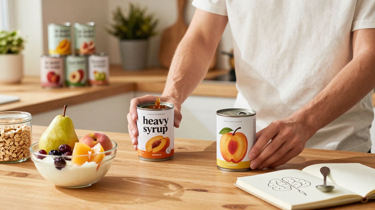 Pessoa a verter pêssegos em calda de lata para taça com fruta numa bancada de cozinha.