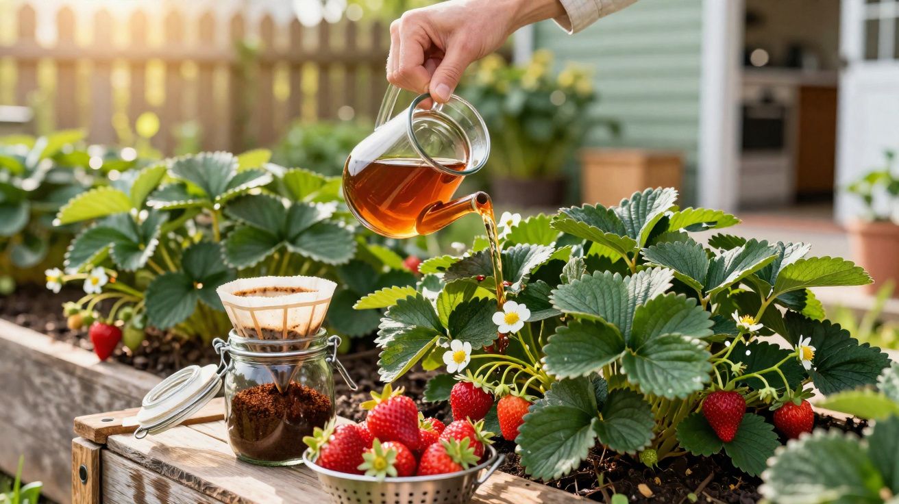 mão a regar planta de morangos vermelhos maduros num jardim com regador de vidro e café moído ao lado