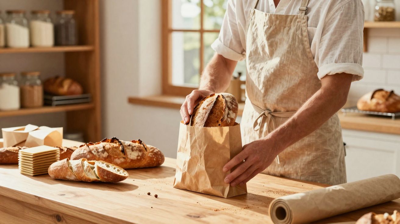 Pessoa a colocar pão numa embalagem de papel numa padaria com vários pães num balcão de madeira.