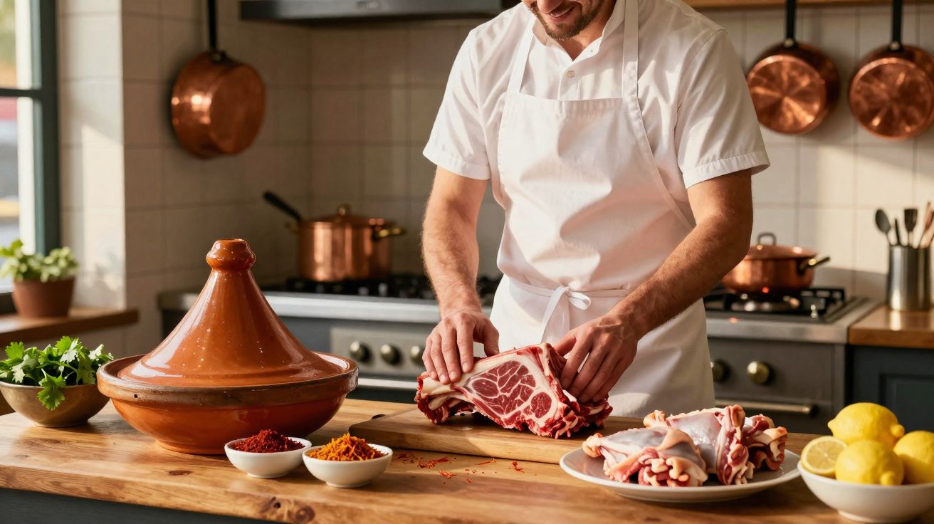 Homem prepara carne crua numa cozinha com especiarias, limões e um tagine em cerâmica na bancada.