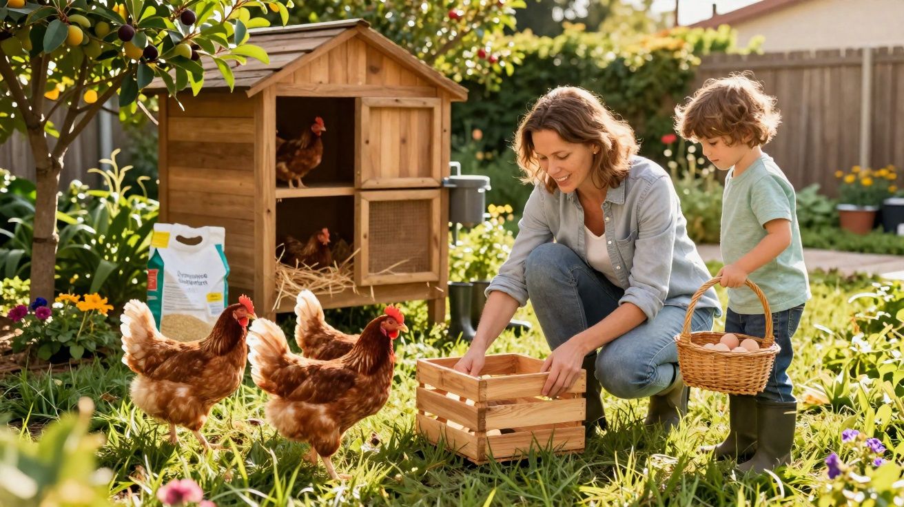 Mulher e menino recolhem ovos no galinheiro do jardim rodeados por três galinhas e flores.