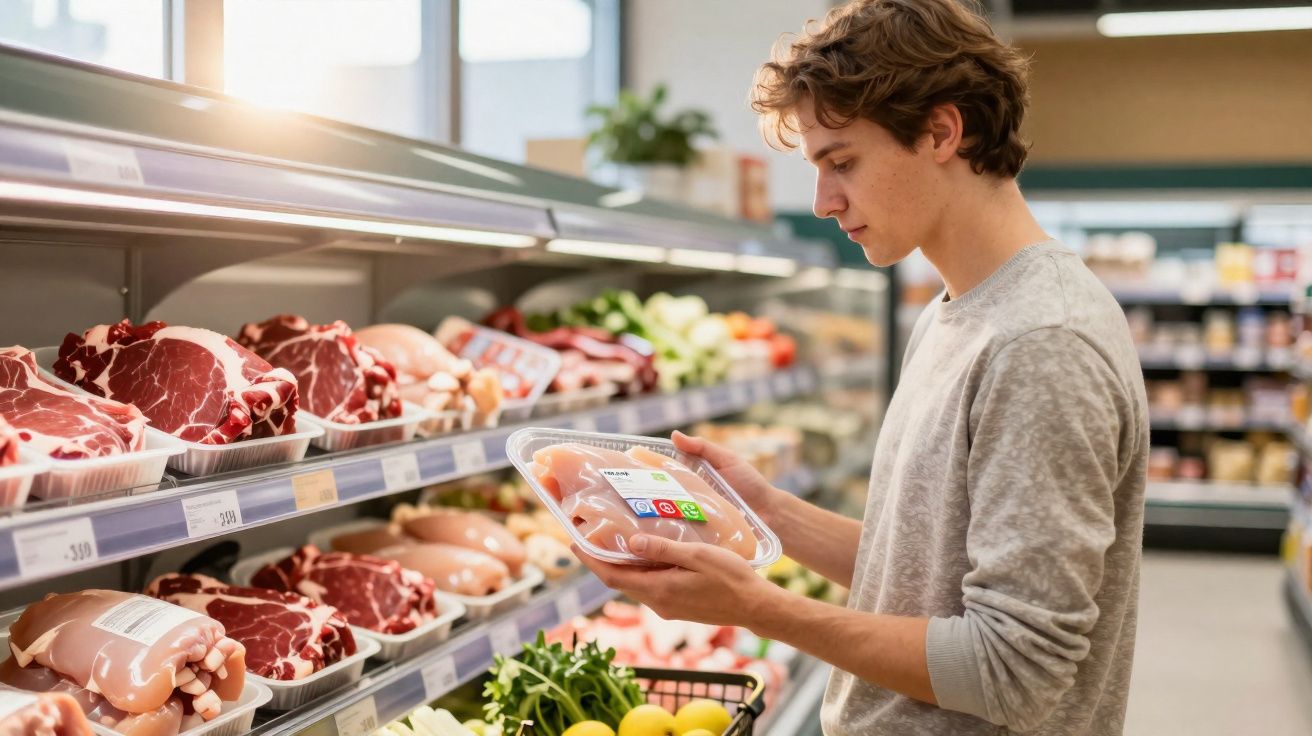Jovem observa embalagem de frango num supermercado na secção de carnes.