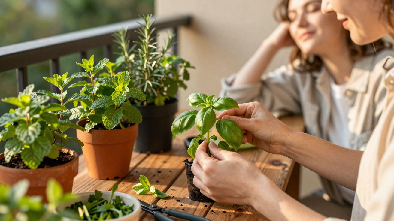 Duas mulheres a cuidar de plantas aromáticas num terraço, uma segura uma planta de manjericão.