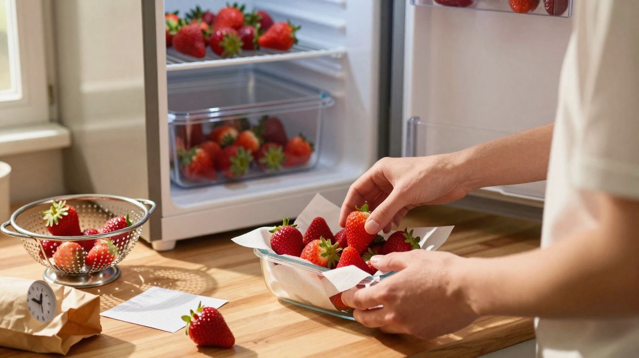 Pessoa a colocar morangos num recipiente de vidro sobre uma bancada de cozinha com frigorífico ao fundo.