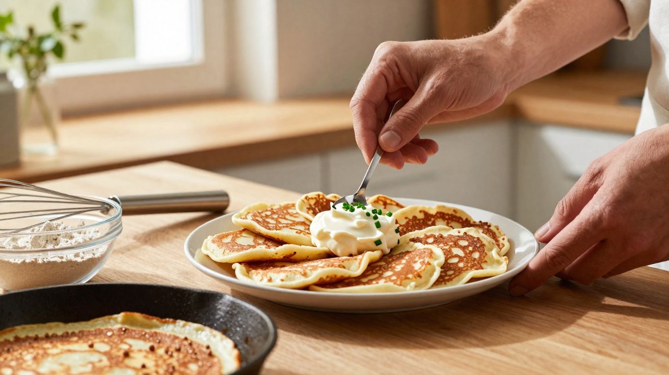 Mãos a colocar natas e cebolinho em panquecas douradas num prato branco na cozinha.