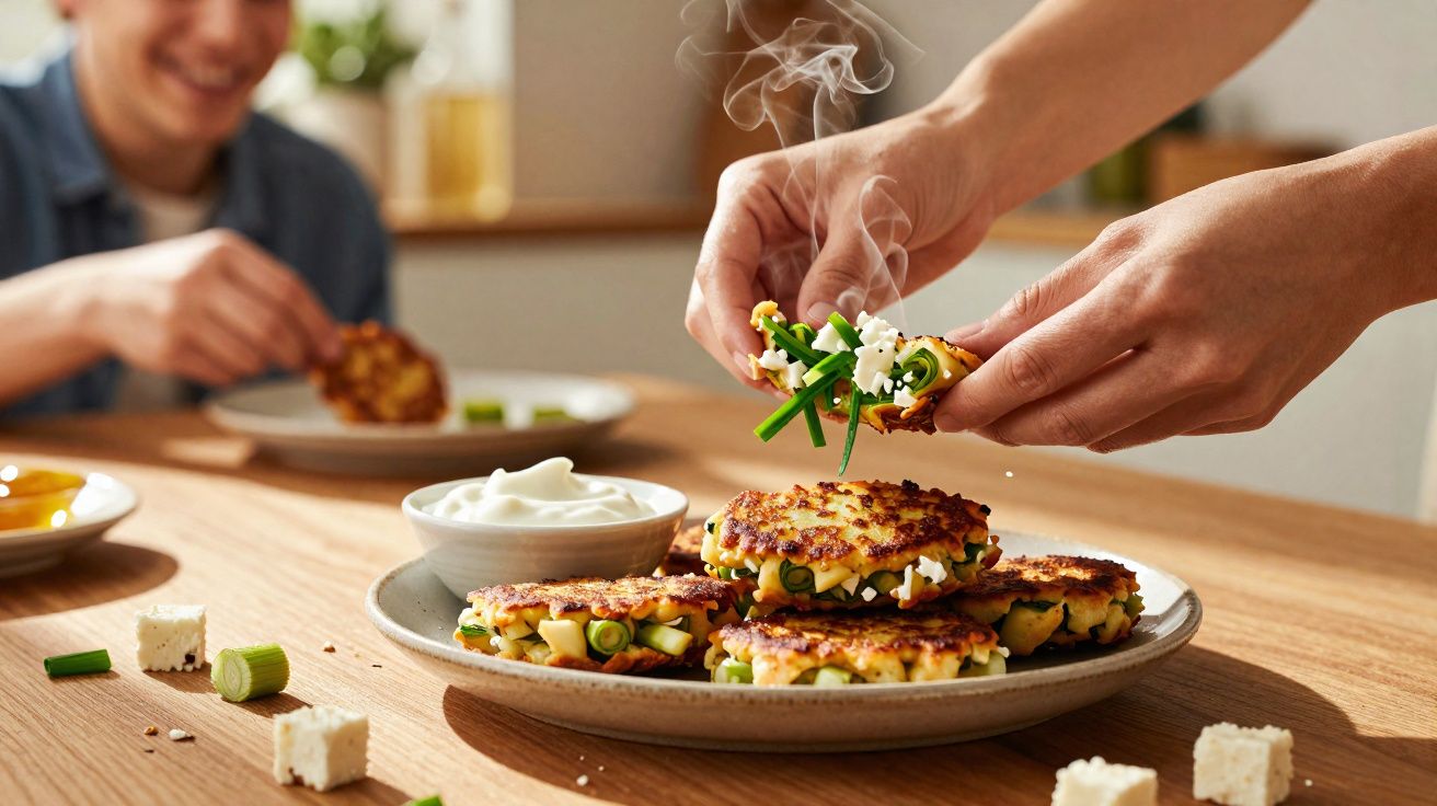 Mãos a preparar panquecas de legumes com fiapos de queijo e molho numa mesa de madeira com pessoa ao fundo.