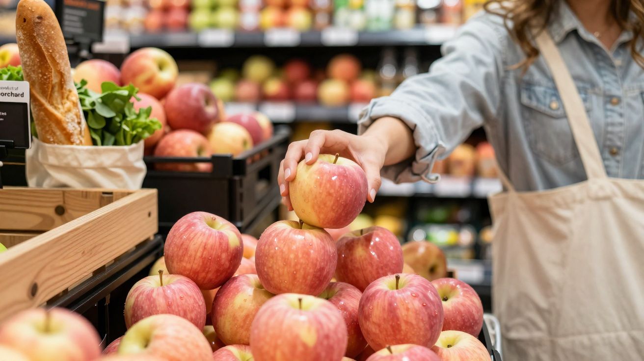 Pessoa apanha maçã vermelha numa banca de frutas num supermercado.