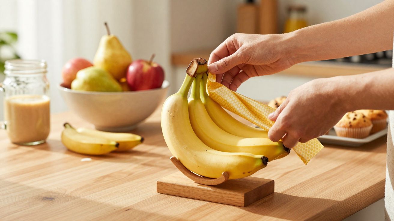 Mãos a envolver cachos de bananas num pano reutilizável numa cozinha com mesa de madeira e frutas ao fundo.