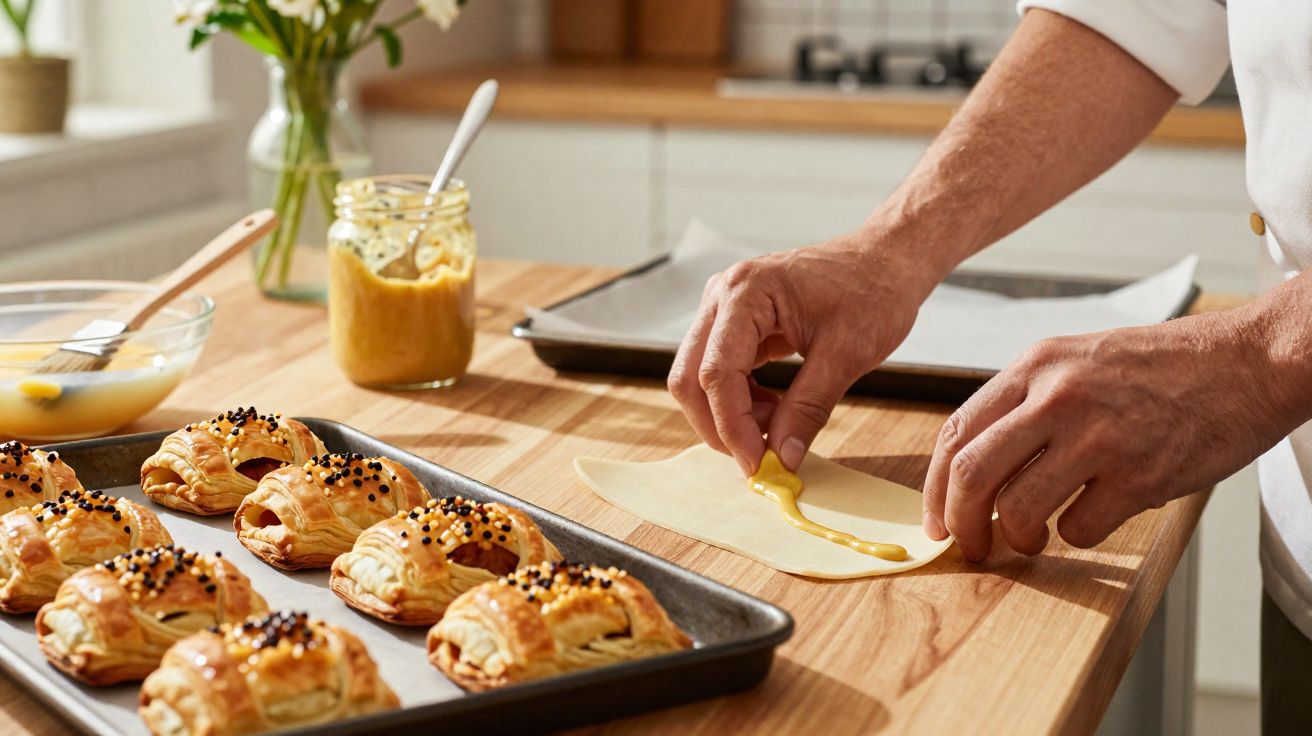 Mãos a preparar massa folhada com recheio amarelo, bandeja com pastéis de forno e frasco de mostarda na bancada.