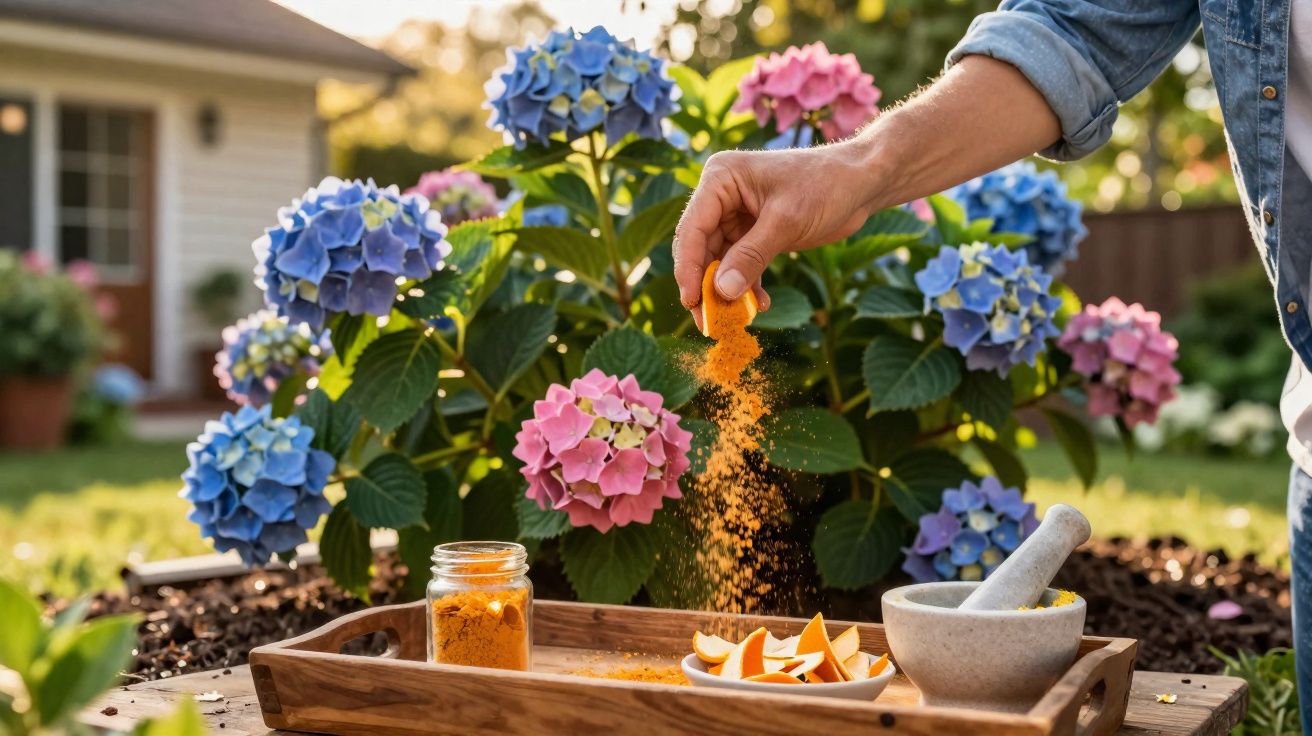 Mão a polvilhar pó amarelo em plantas de hortênsia rosa e azul num jardim ensolarado.