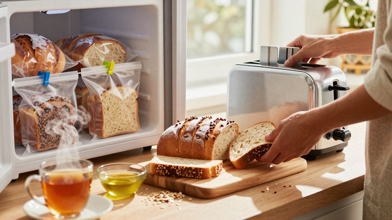 Pão fatiado em tábua junto a torradeira e sacos com pão dentro do congelador na cozinha.