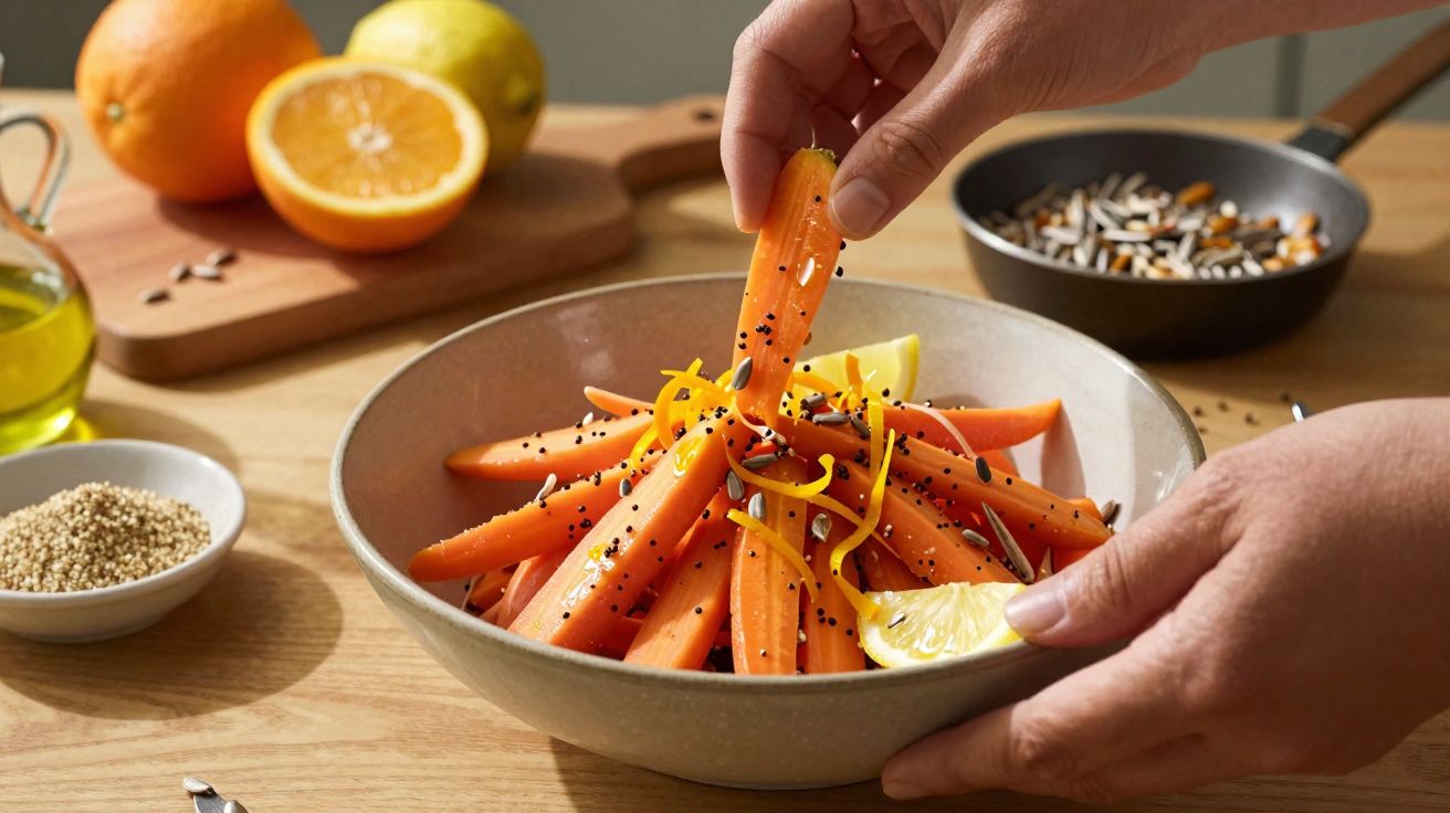 Mãos a temperar cenouras cortadas em palitos com sementes e casca de limão num prato, com frutas e especiarias ao fundo.
