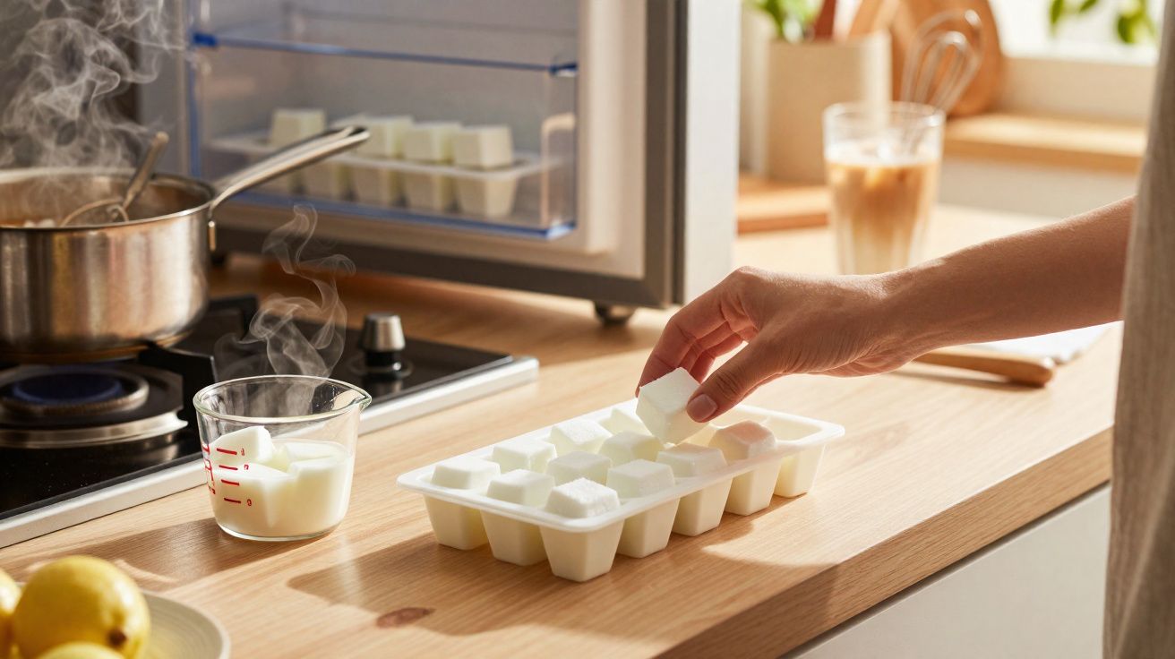 Mão a retirar cubo de açúcar do tabuleiro na cozinha com leite quente e panela a fumegar.