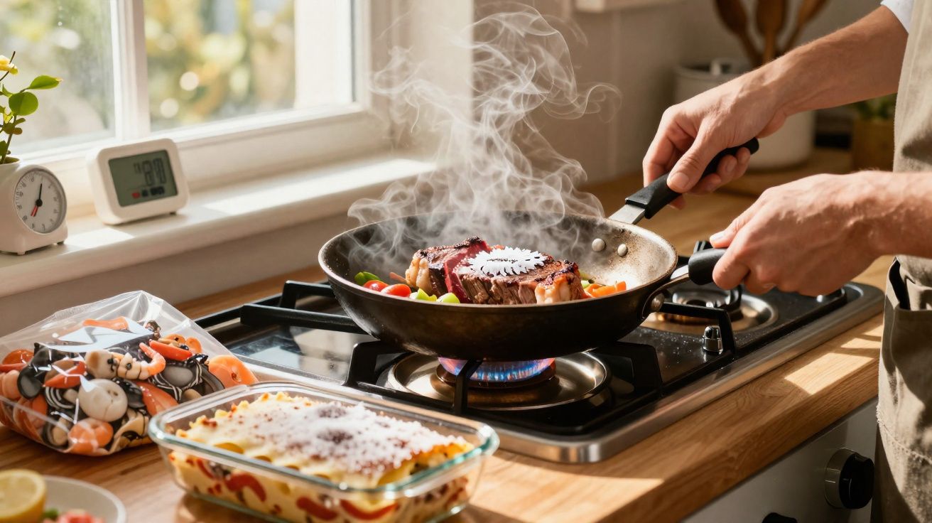 Pessoa a cozinhar bife fumegante numa frigideira no fogão com legumes e pratos preparados na bancada.