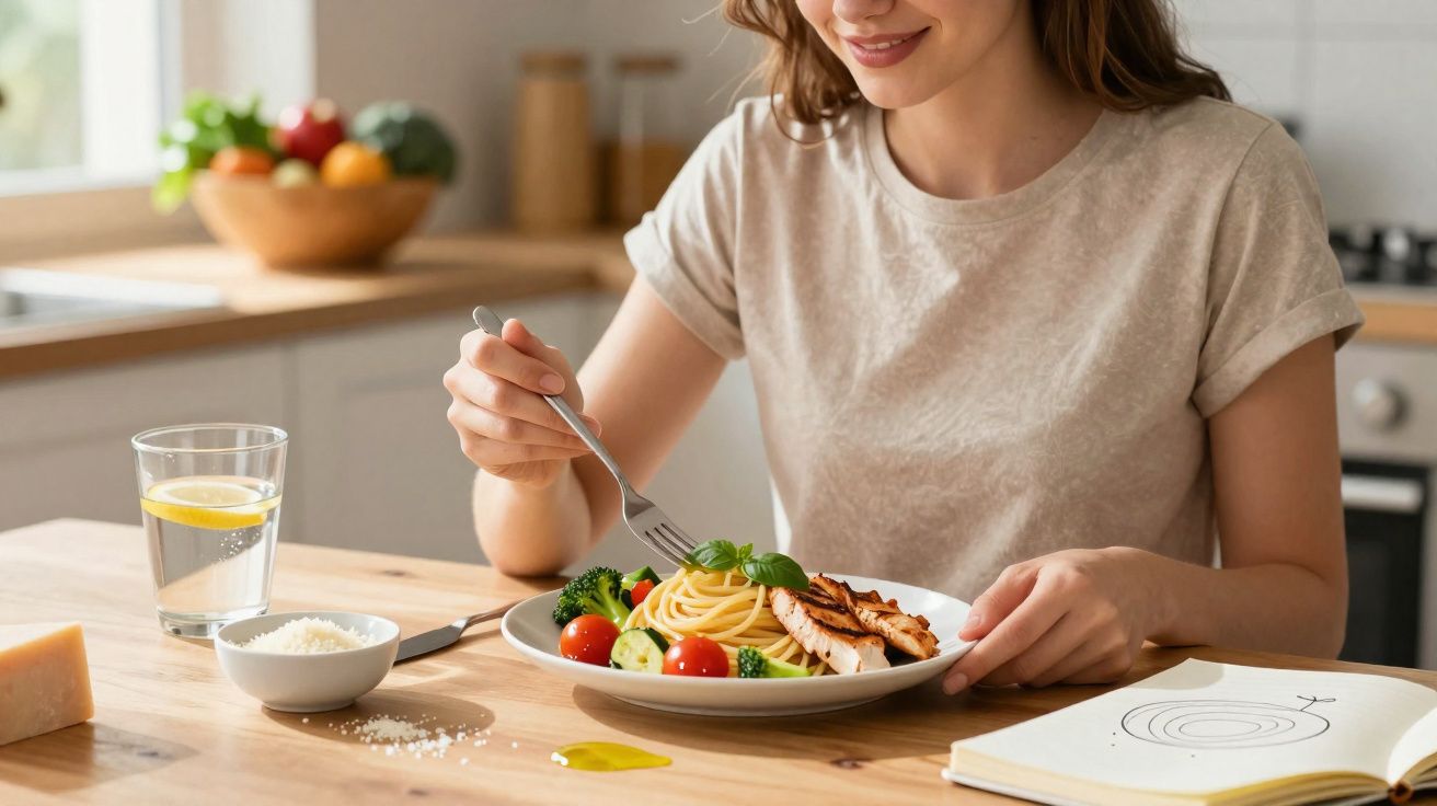 Mulher a sorrir a preparar-se para comer prato de esparguete com legumes e frango grelhado à mesa.