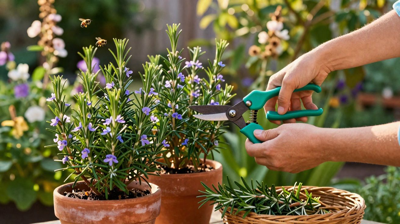 Pessoa a podar alecrim com tesoura de jardinagem, plantas em vasos e abelhas a voar num jardim.