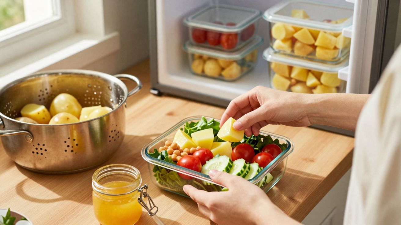 Pessoa a preparar salada vegetariana com tomate, pepino, grão, alface e batatas em recipiente de vidro.