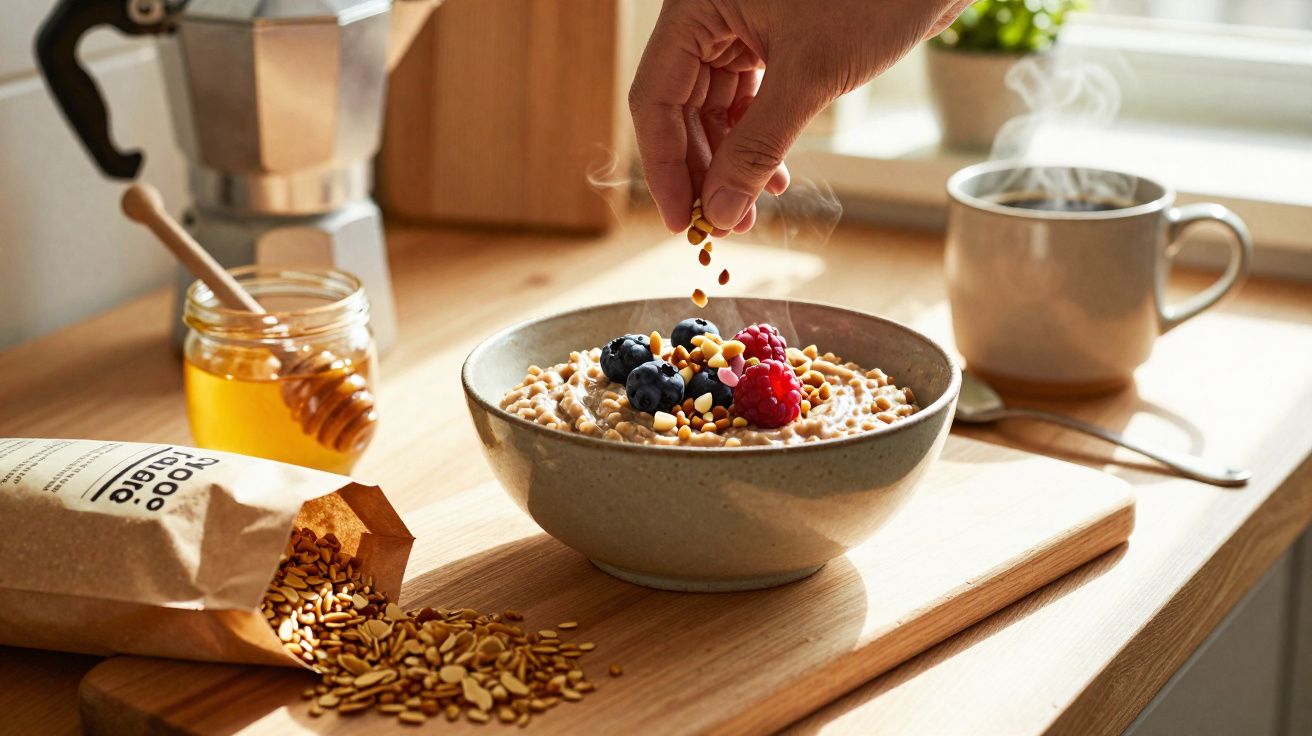 Mão a polvilhar sementes sobre taça de cereais com frutas vermelhas, mel, café e caneca com vapor numa bancada.