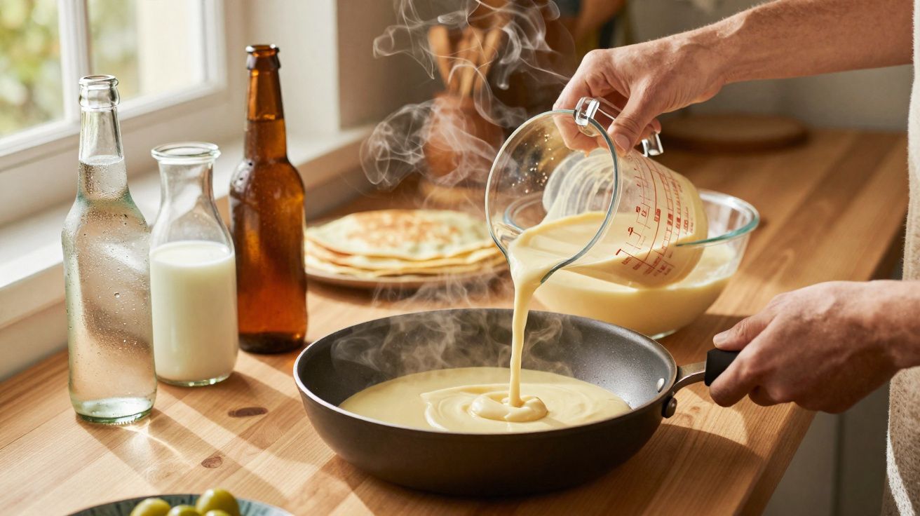 Pessoa a verter massa de panqueca quente numa frigideira numa cozinha com garrafas e panquecas ao fundo.