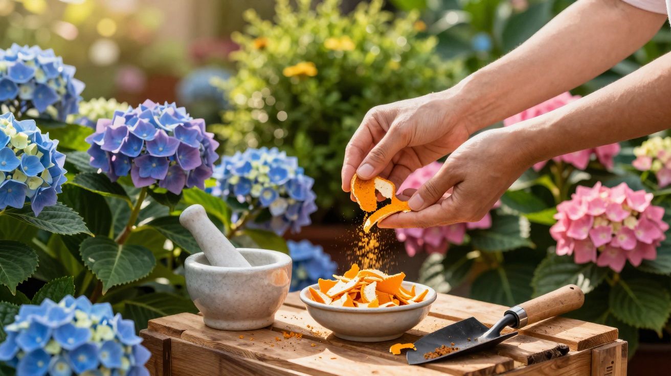 Pessoa a esfarelar casca de laranja numa tigela ao ar livre, rodeada de flores coloridas.